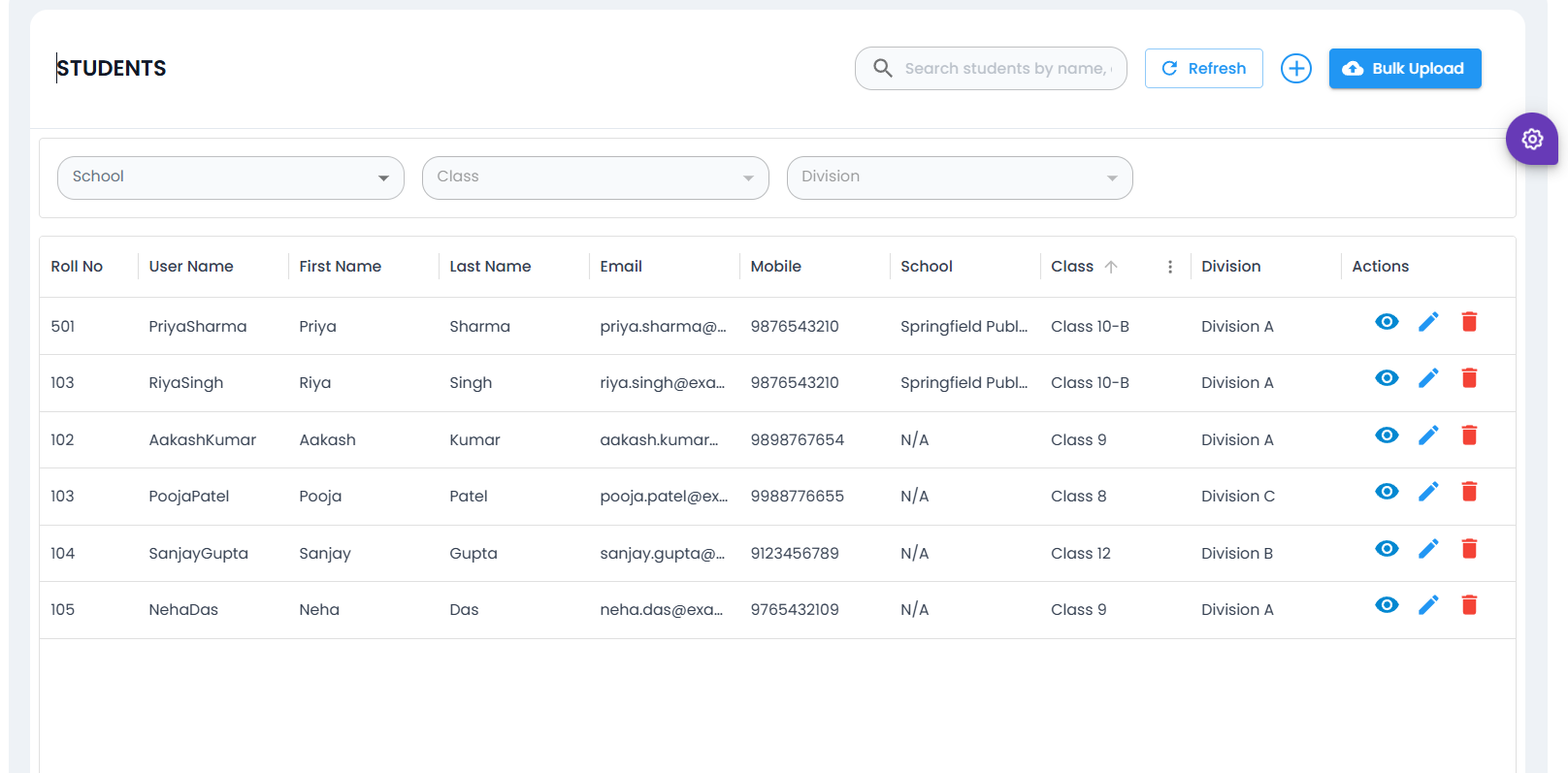 Kool ERP software student management dashboard screenshot